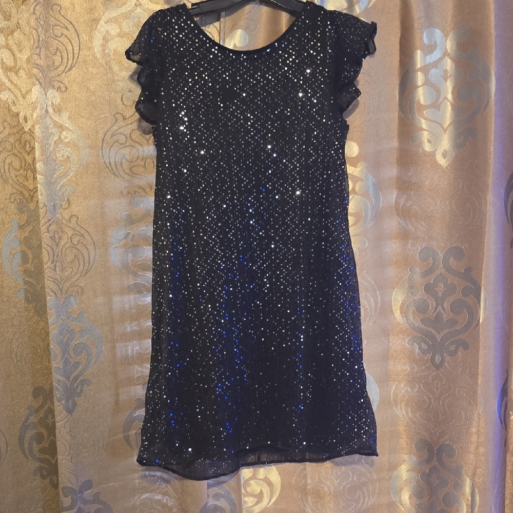 Girls' Black Sparkle Ruffle Sleeve Dress
